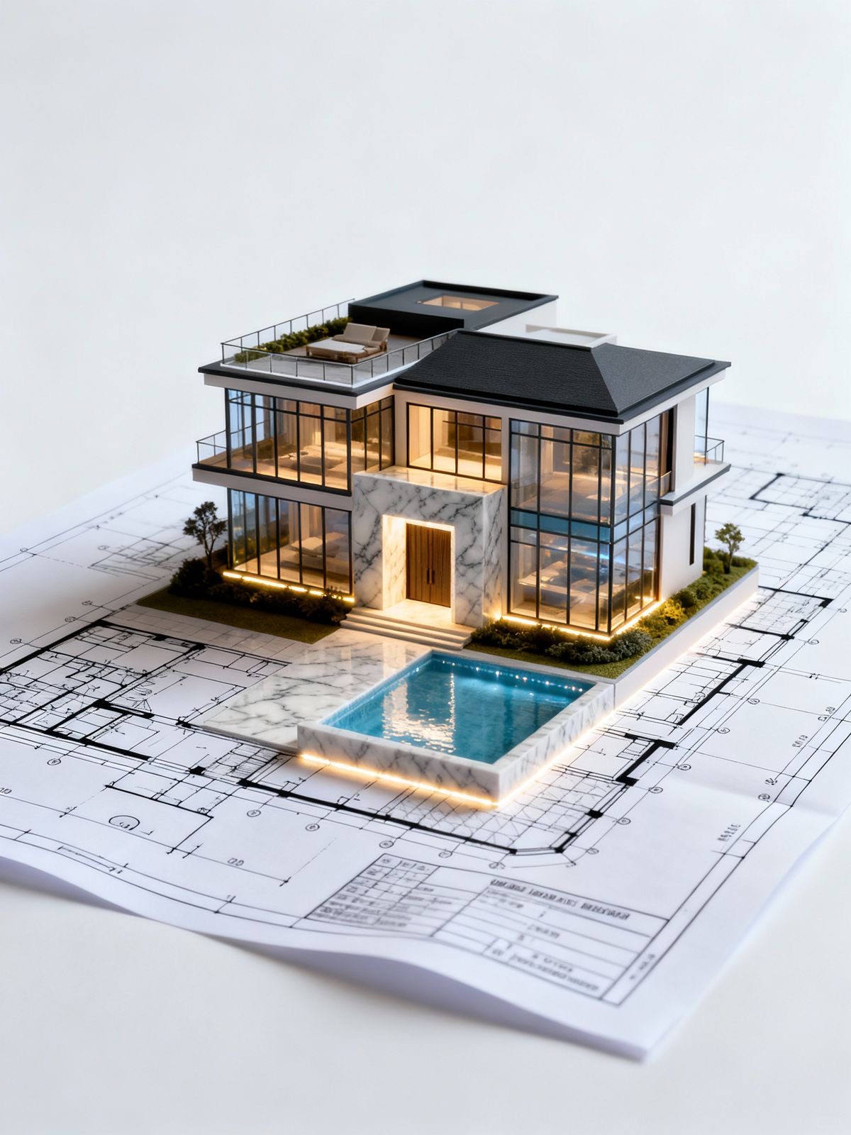 Architekturmodell einer modernen Villa auf Baupl&auml;nen